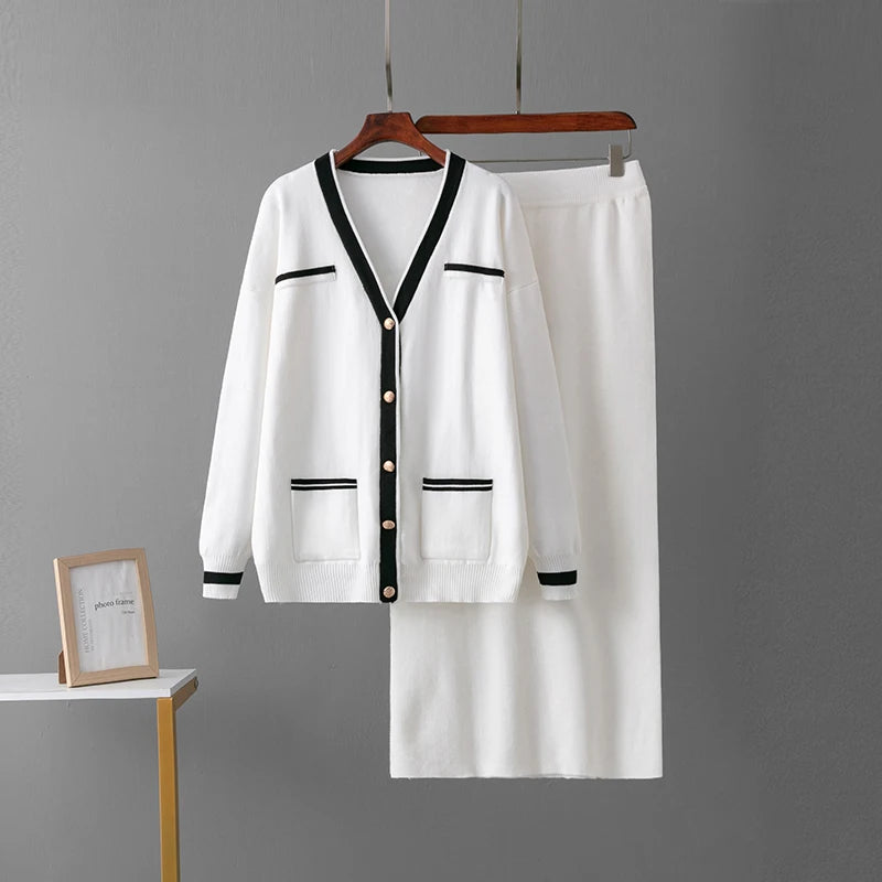 Autumn Winter New Women's Knitted Skirt Sets Fashion Pockets Cardigan V-Neck Sweaters Skirts Suits Thicken Knit Two Piece Sets