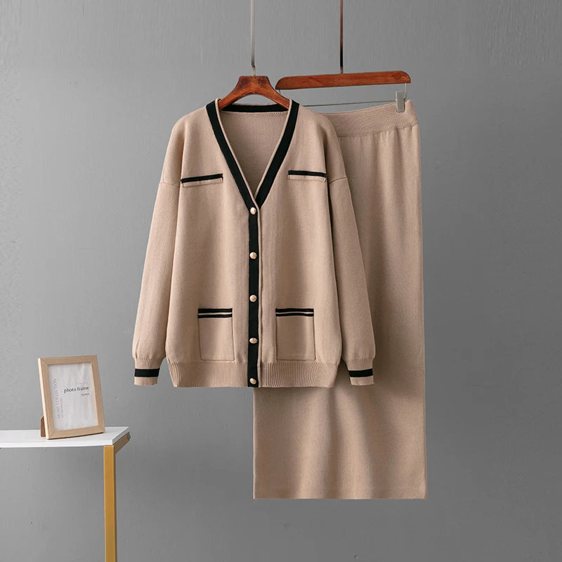 Autumn Winter New Women's Knitted Skirt Sets Fashion Pockets Cardigan V-Neck Sweaters Skirts Suits Thicken Knit Two Piece Sets
