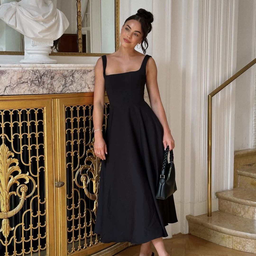 Square Neck Waist-Cinching A-Line Casual Sleeveless Strap Long Dress for Women