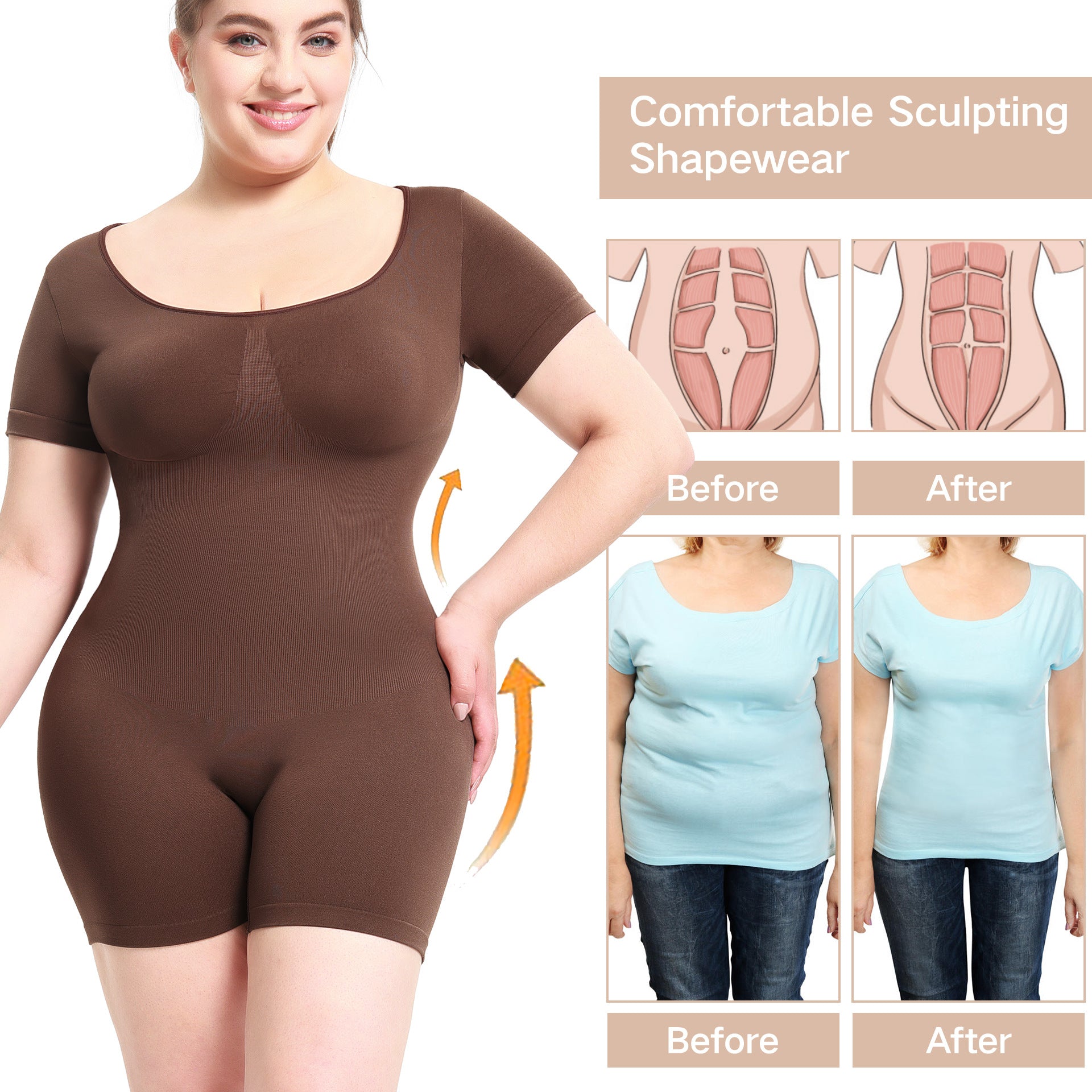 Waist-Cinching Bodysuit for Women Shapewear Short Sleeve Bodysuit with Butt-Lifting Effect