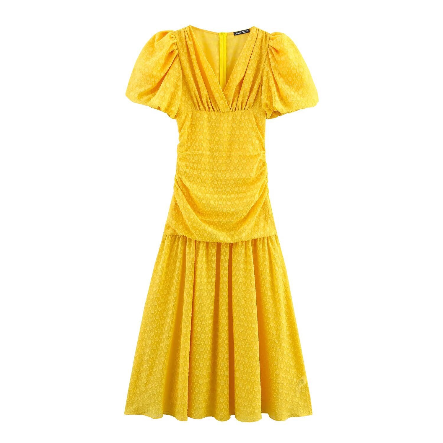V-neck bubble sleeves slim fit and slimming yellow dress for women
