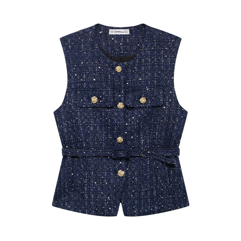 Fashionable Casual  Style Women's Vest with Belt Texture