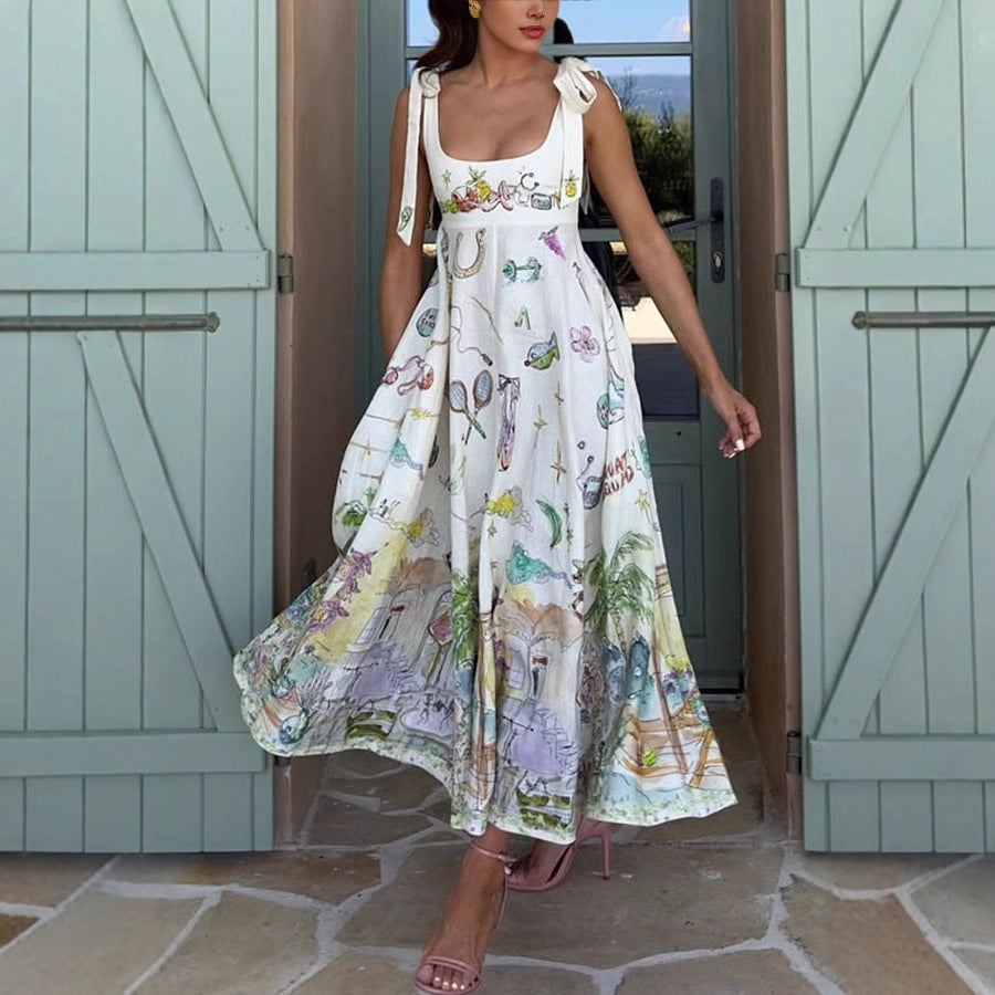 Belted Linen Print Dress with Positioning Pattern INS Casual Loose Dress