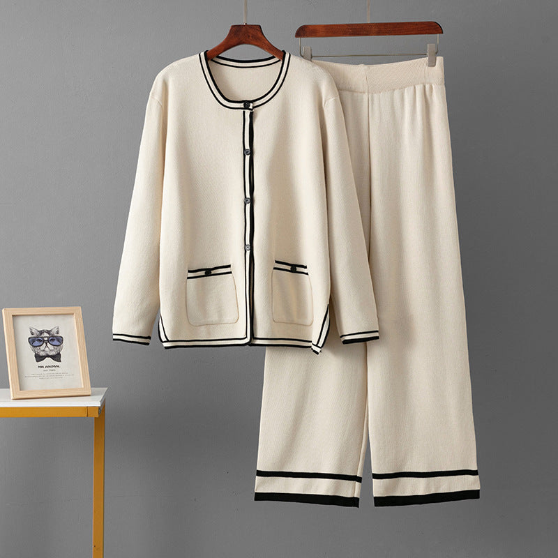 Round neck long sleeved cardigan pocket jacket straight leg pants two-piece set