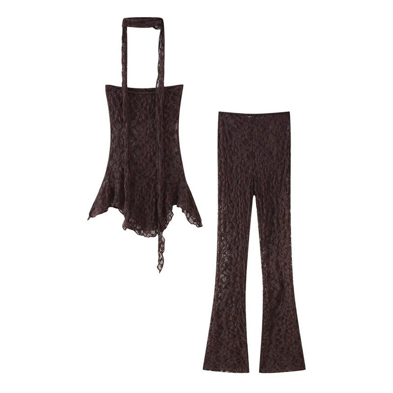 Style Women's Fashionable Lace Top with Scarf Decoration and Flare Pants