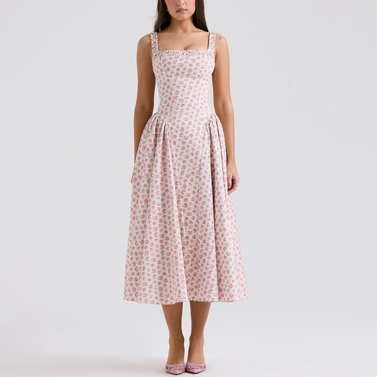 Elegant Off-the-Shoulder Backless Floral Print Dress Women's Floral