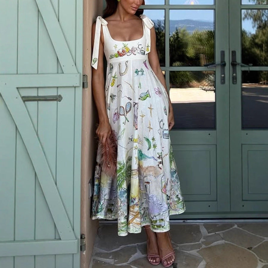 Belted Linen Print Dress with Positioning Pattern INS Casual Loose Dress