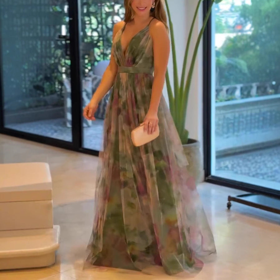 Spring and Summer New Mesh Printed Strapless Dress INS Holiday Leisure Flared Dress for Women