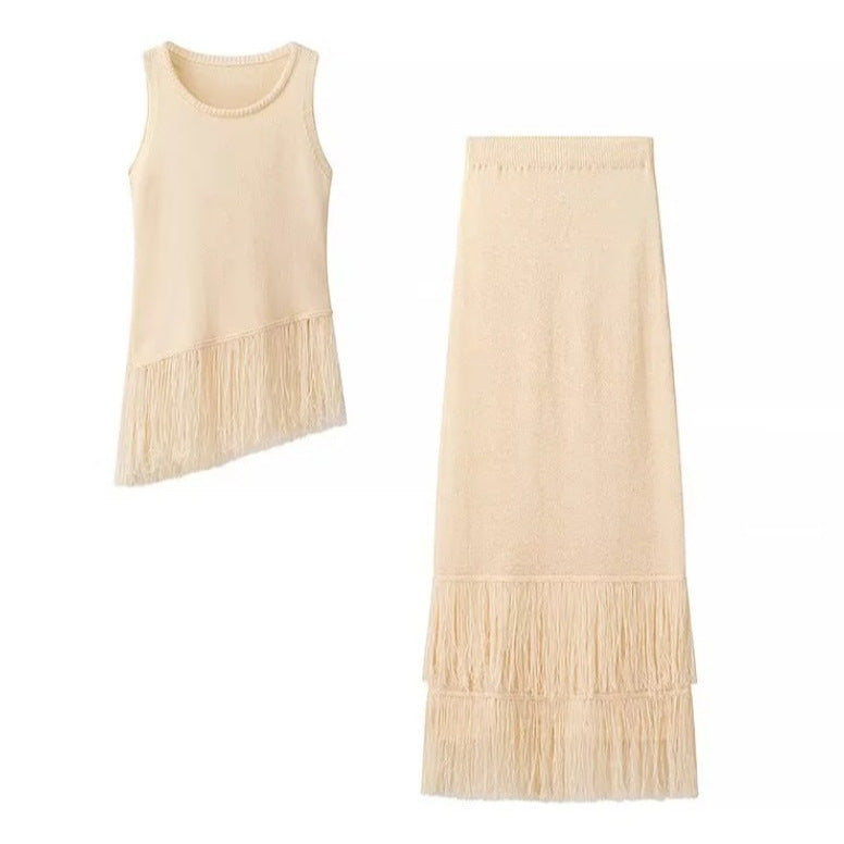 INS popular elegant tassel knitted irregular top and skirt set