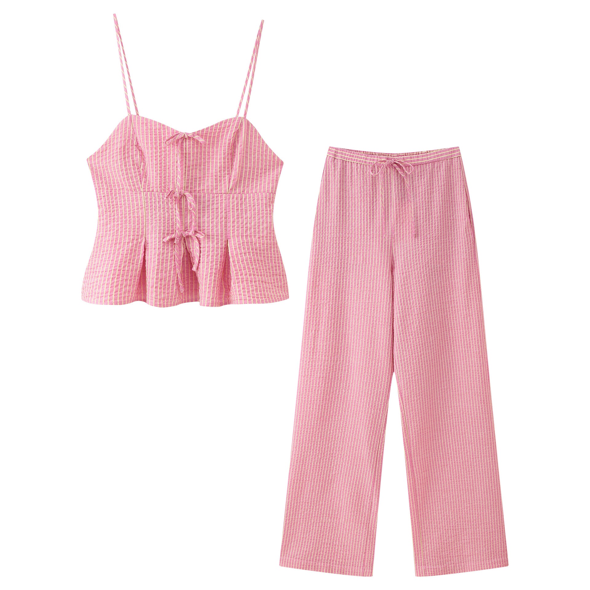 Women's Clothing Bow Decorated Striped Top + Long Pants Set
