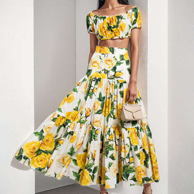 Off shoulder short strapless top+high waisted skirt two-piece fashionable set