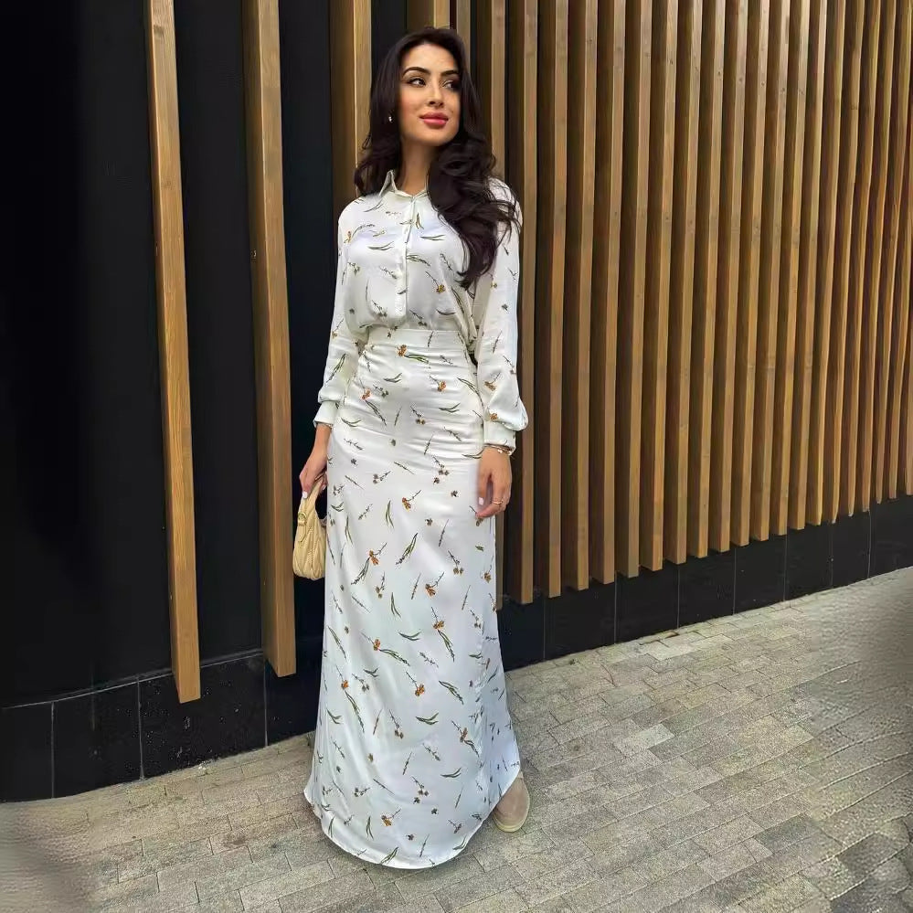 Suit Shirt and Skirt Set Women's Long Sleeve Printed Slim Dress