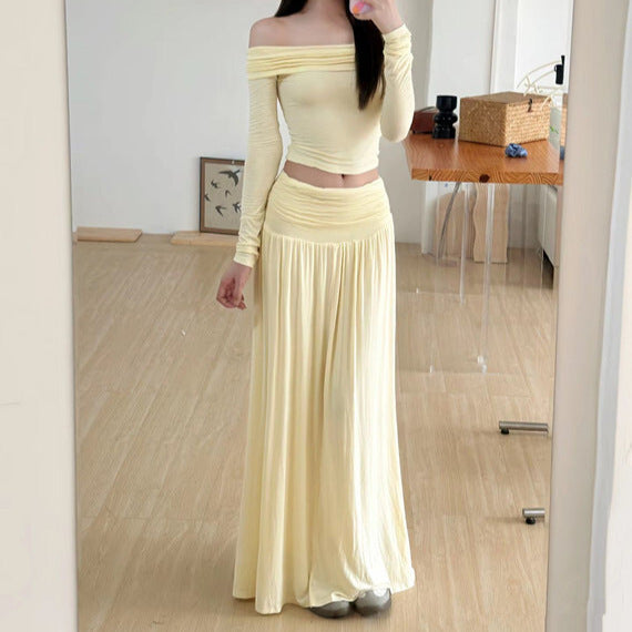 Solid color one neck off shoulder long sleeved top+high waisted hip hugging skirt