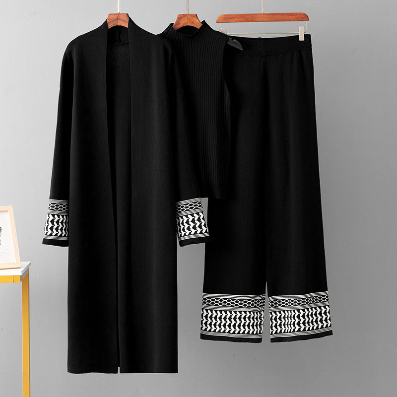 Women Cape Coat + Round Neck Knitted Top + Wide Leg Trousers Three-piece Set