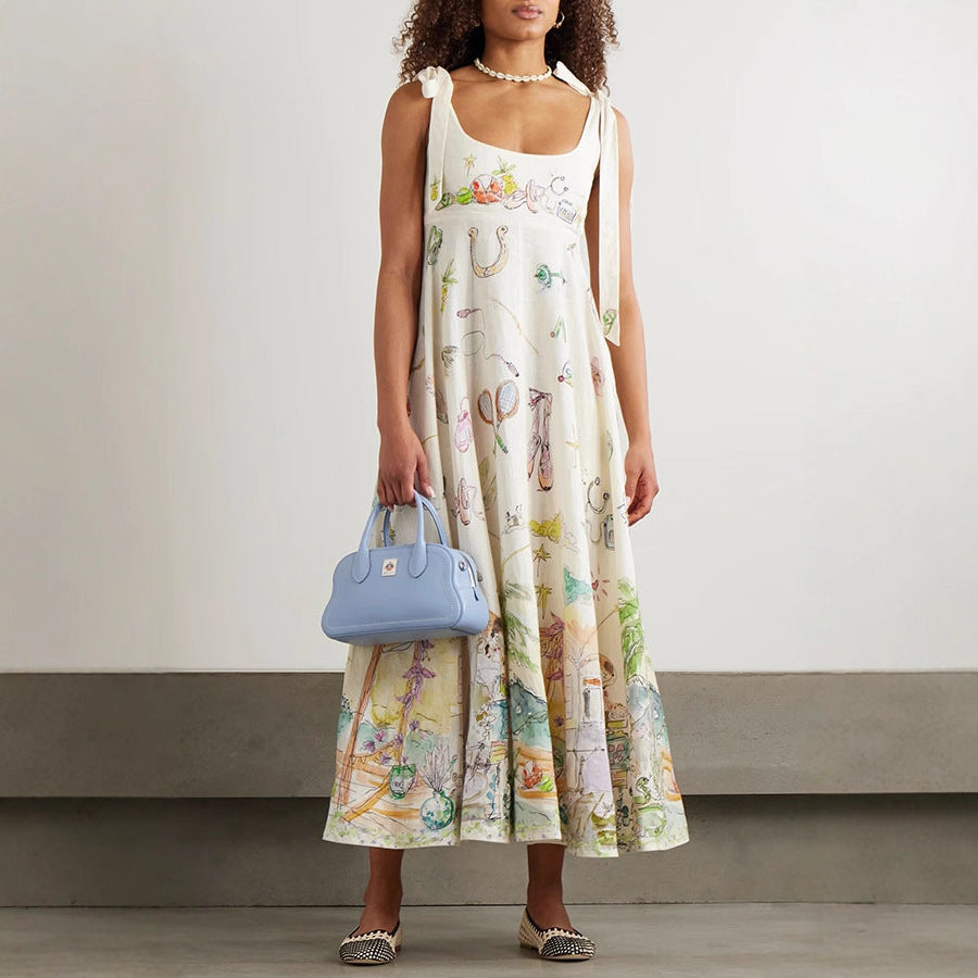 Belted Linen Print Dress with Positioning Pattern INS Casual Loose Dress