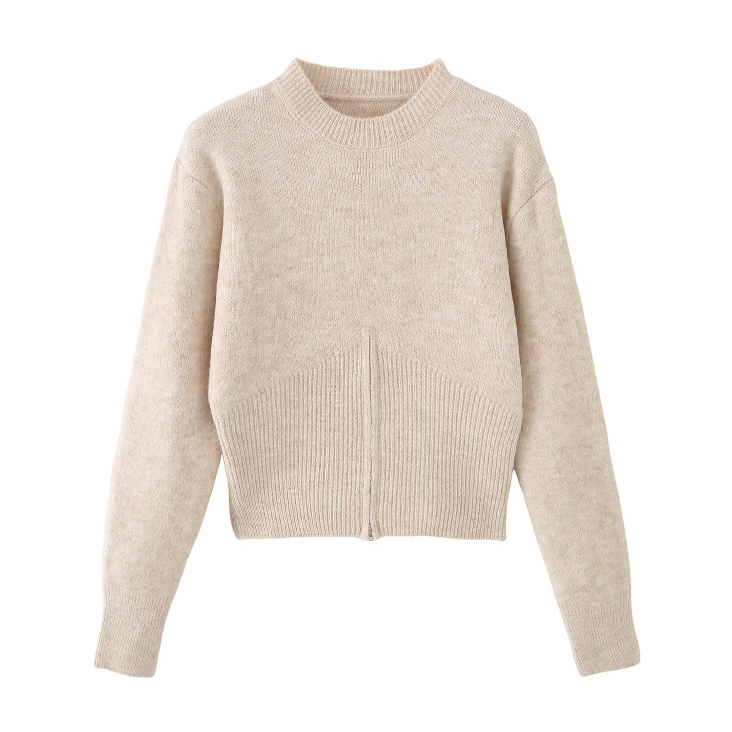 Bottom zipper round neck long sleeved pullover sweater