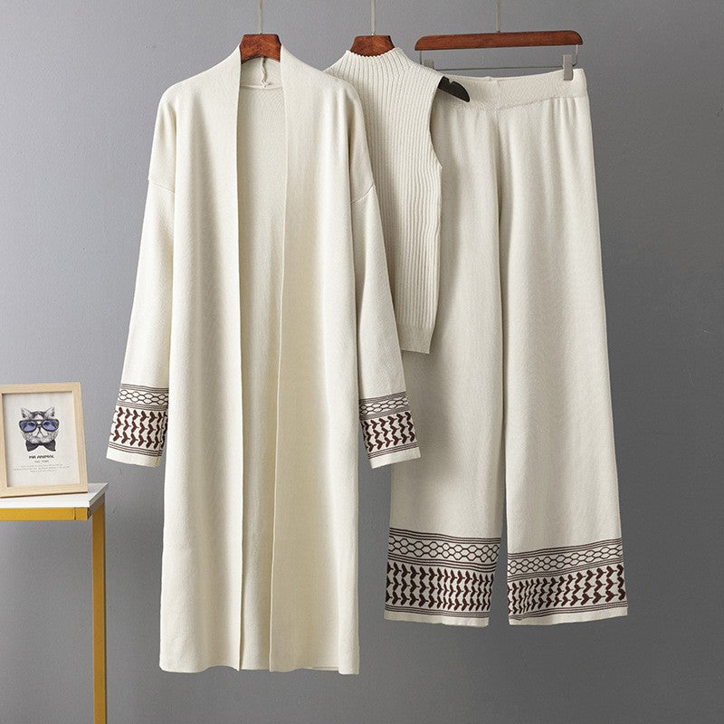 Women Cape Coat + Round Neck Knitted Top + Wide Leg Trousers Three-piece Set