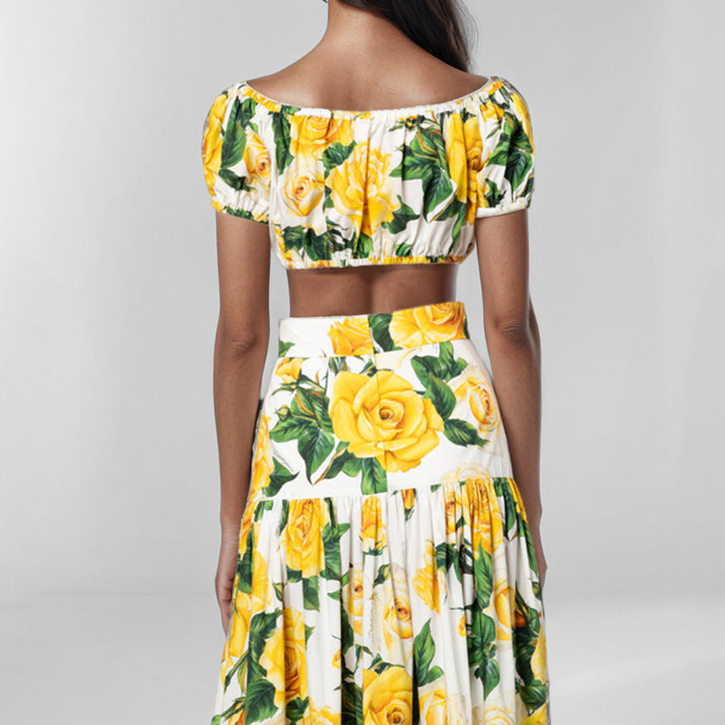 Off shoulder short strapless top+high waisted skirt two-piece fashionable set