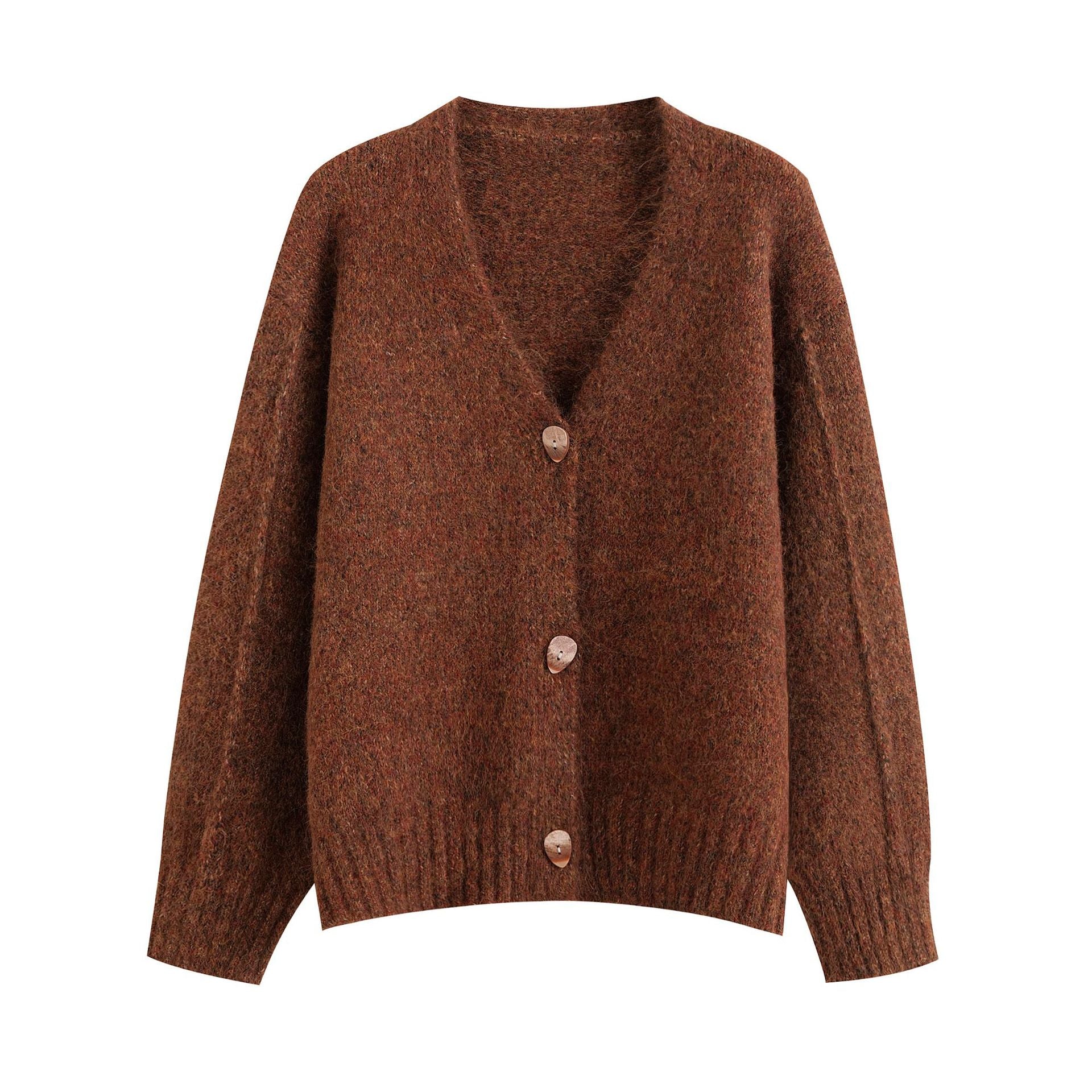 Retro mixed color V-neck soft and loose cardigan knit sweater