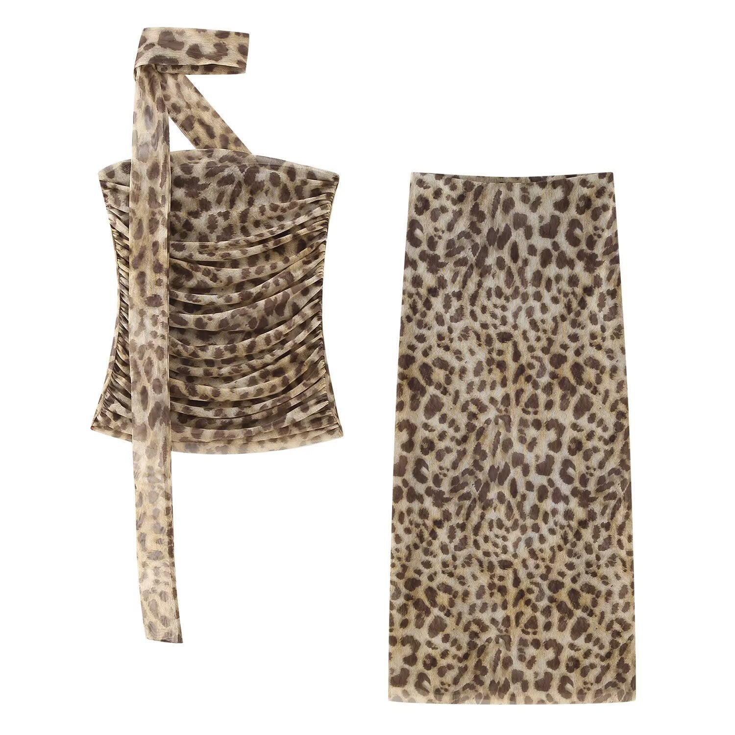 Women's Animal Print Mesh Strapless Top + Skirt Set