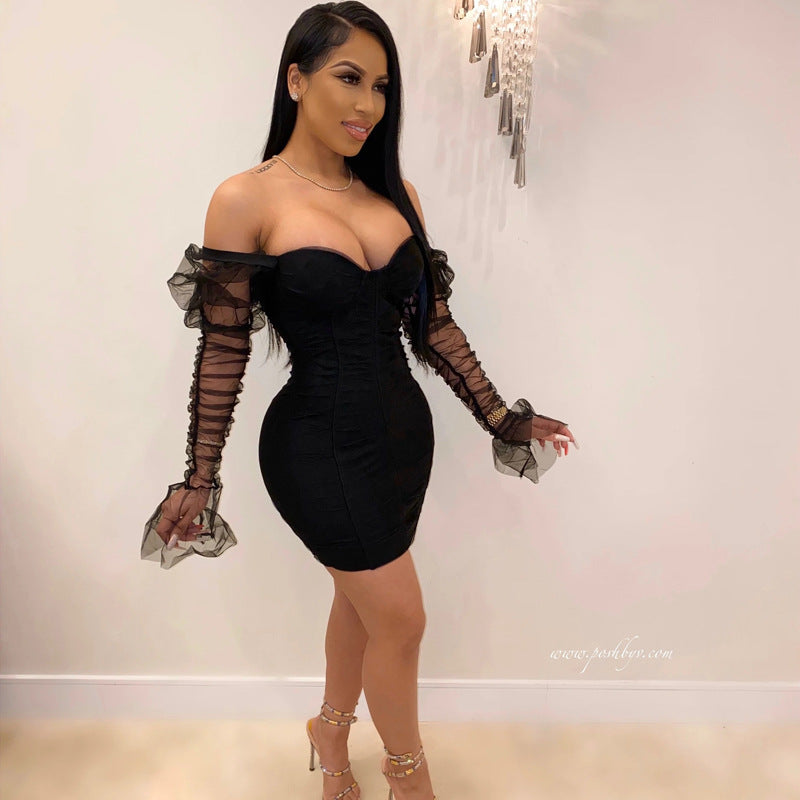 Women's Off-the-Shoulder Mesh Splicing Fitted Club Dress