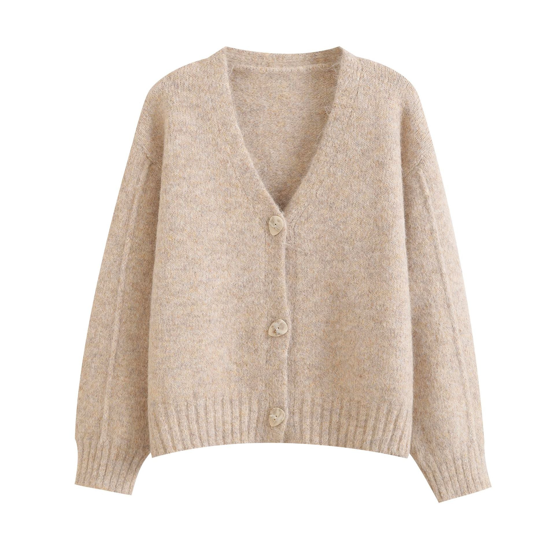 Retro mixed color V-neck soft and loose cardigan knit sweater