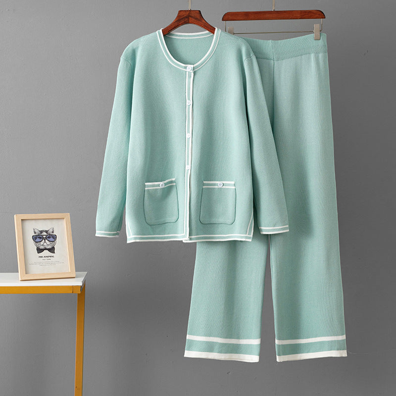 Round neck long sleeved cardigan pocket jacket straight leg pants two-piece set