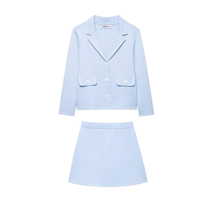 Elegant  Style Women's Knitted Jacket with Decorative Edges and Skirt