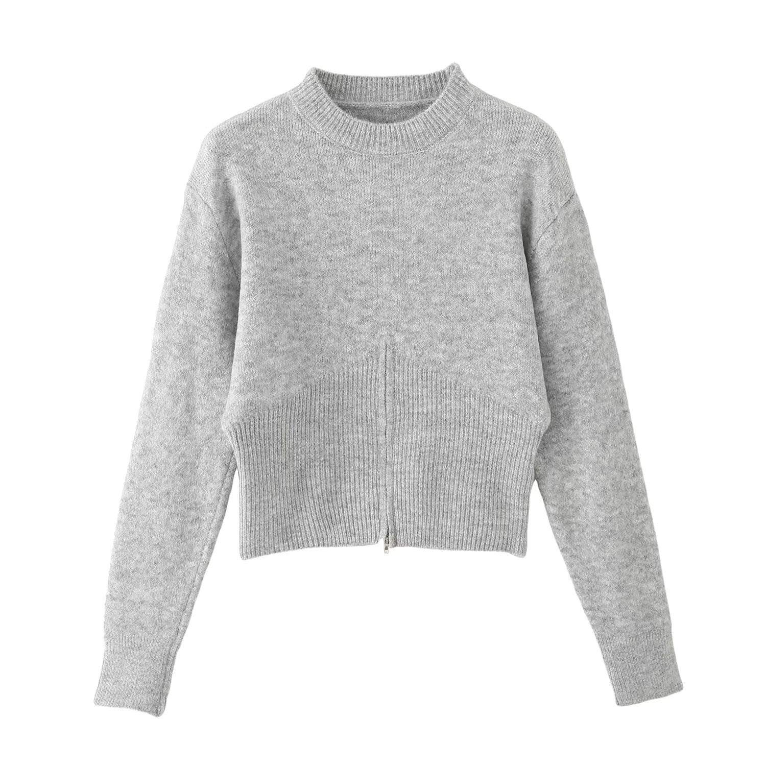 Bottom zipper round neck long sleeved pullover sweater