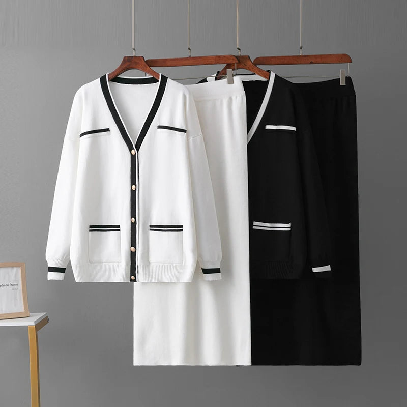 Autumn Winter New Women's Knitted Skirt Sets Fashion Pockets Cardigan V-Neck Sweaters Skirts Suits Thicken Knit Two Piece Sets