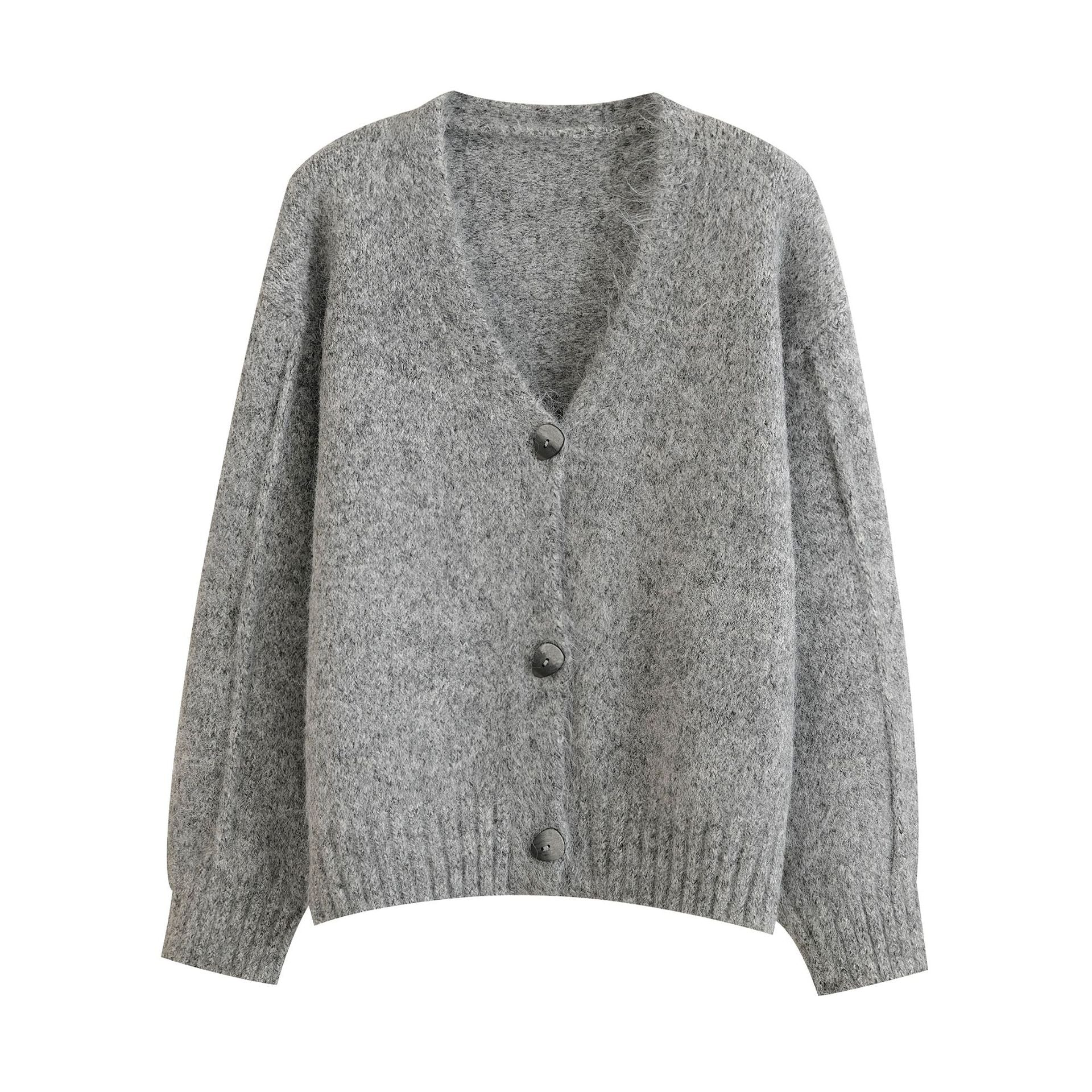 Retro mixed color V-neck soft and loose cardigan knit sweater