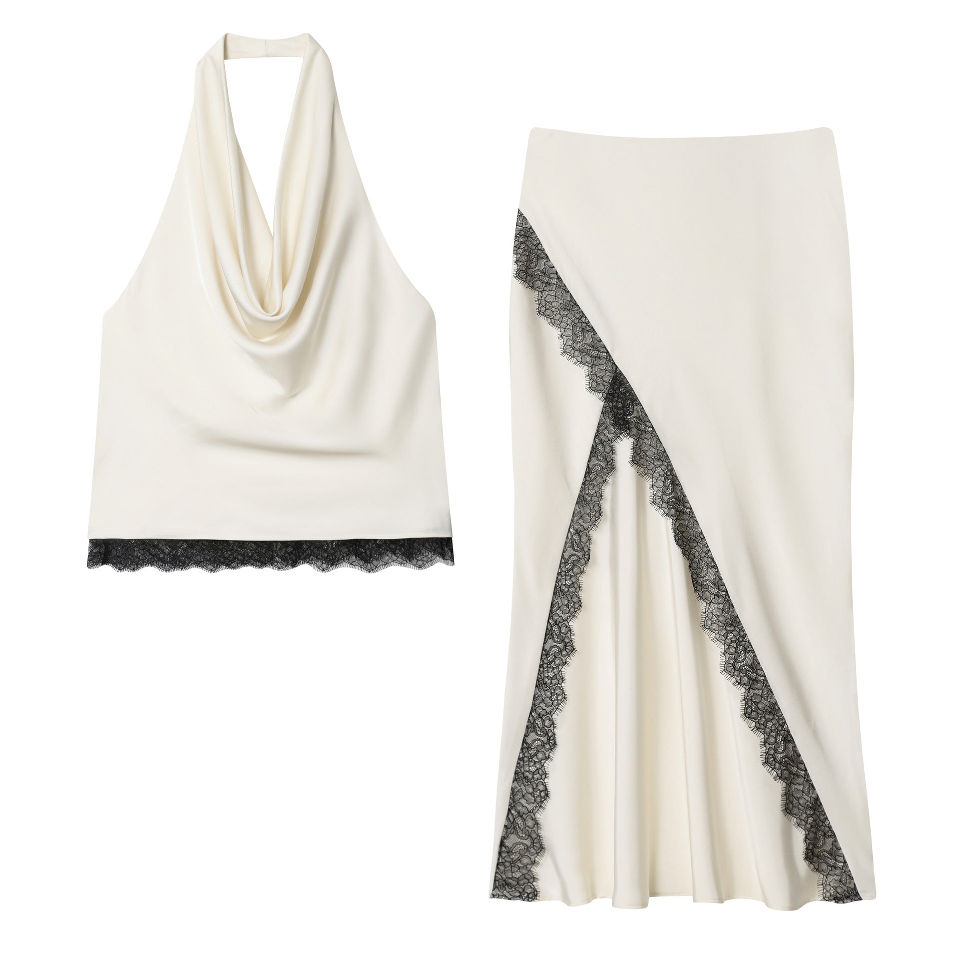 Women's Lace-Trimmed Satin Halter Neck Top + Midi Skirt Set
