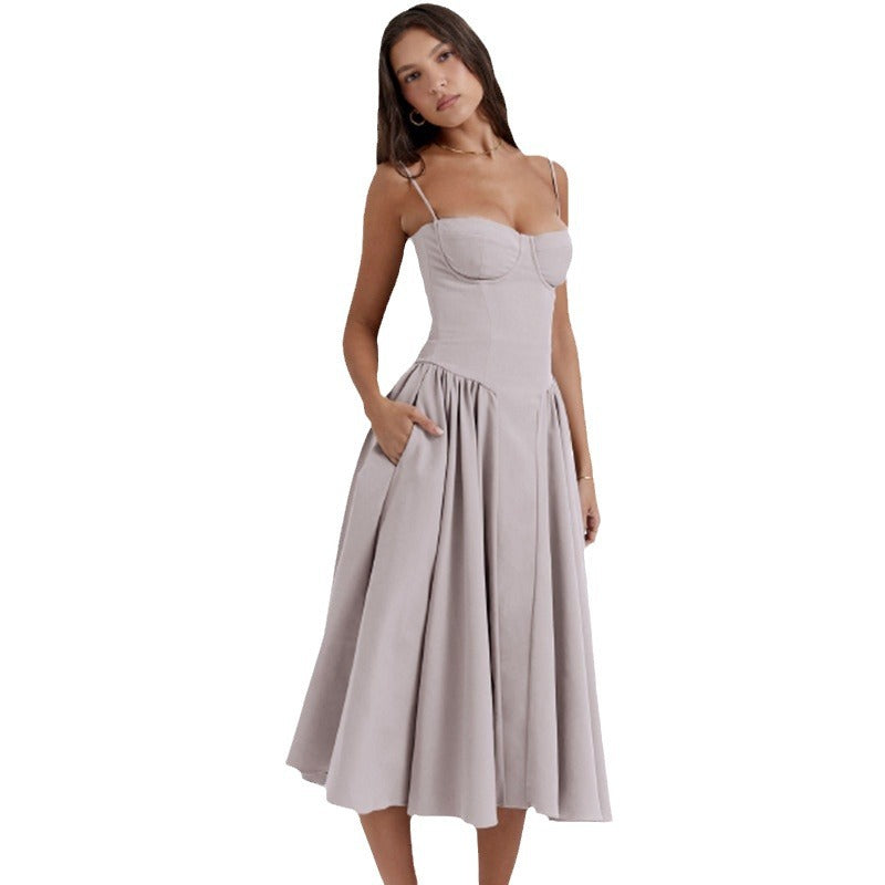 Summer Women's French Fashion Retro Banquet Celebrity Style Strapless Backless Long Dress