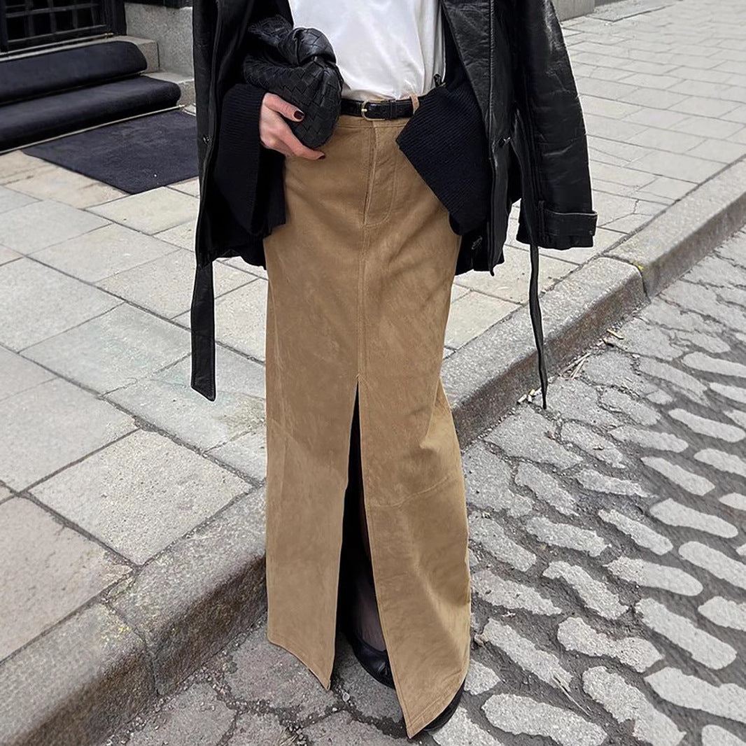 Retro Suede Skirt Women's High-Waisted Slit Straight Suit Skirt Long Skirt