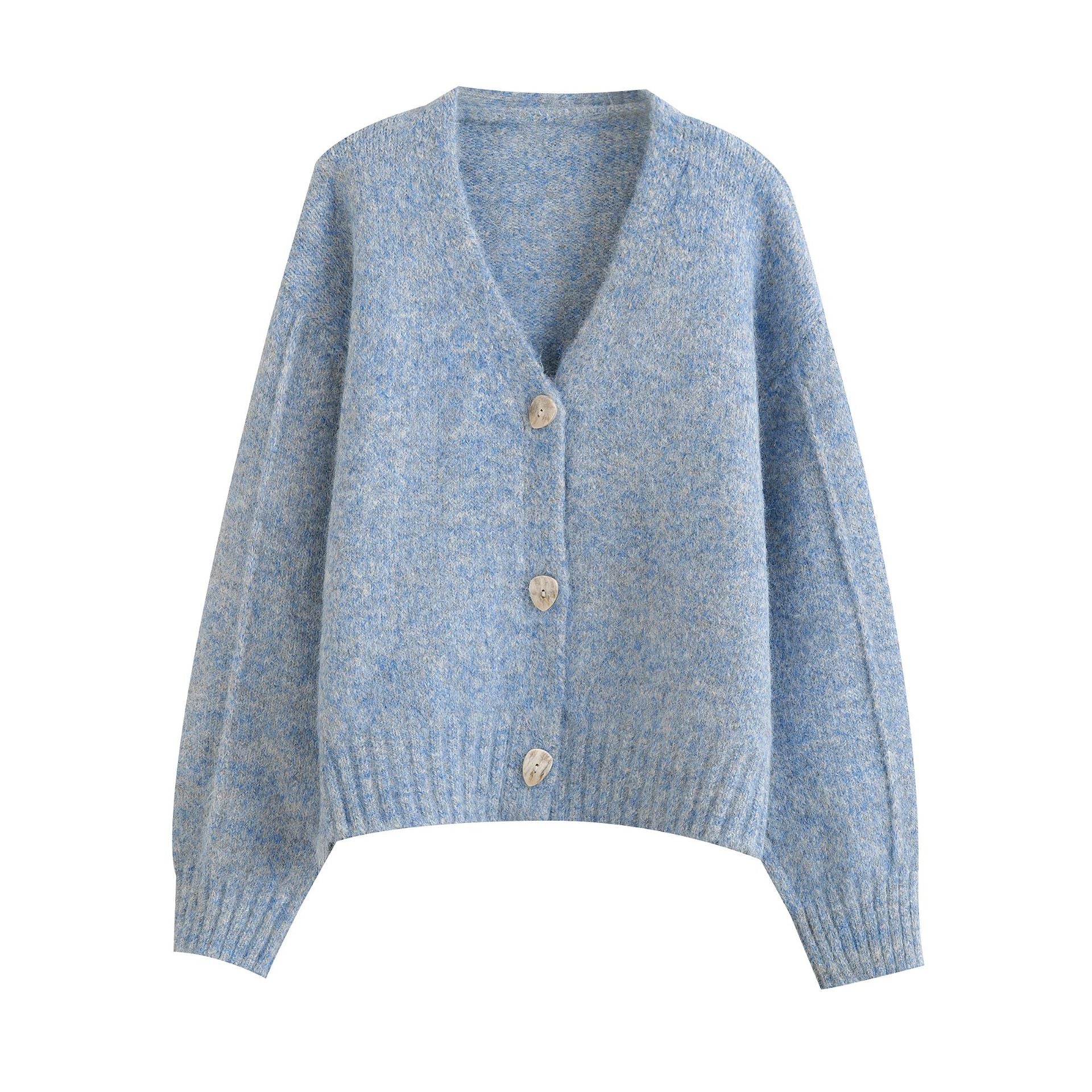 Retro mixed color V-neck soft and loose cardigan knit sweater