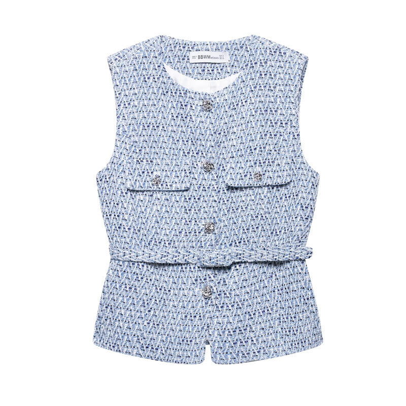 Fashionable Casual  Style Women's Vest with Belt Texture