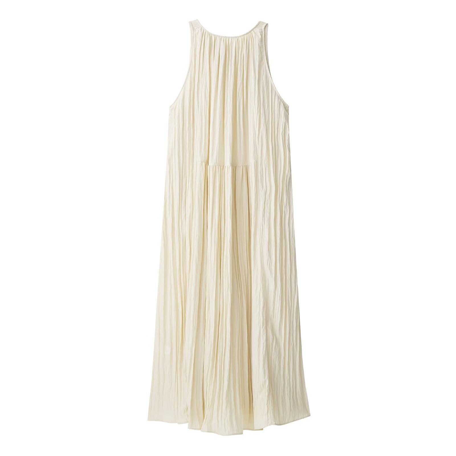 Temperament round neck sleeveless drape pleated A-line dress for women