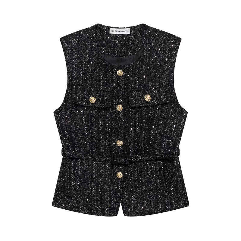 Fashionable Casual  Style Women's Vest with Belt Texture