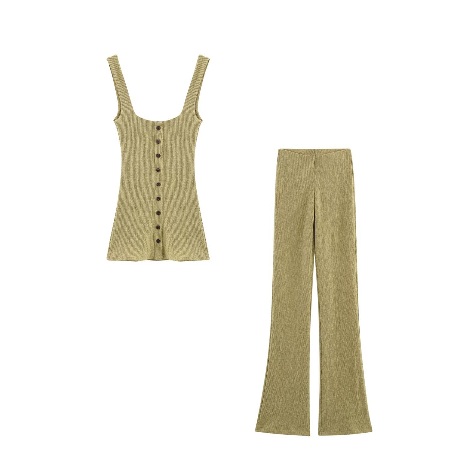 Fashionable slim button decoration texture knitted top+flared pants set