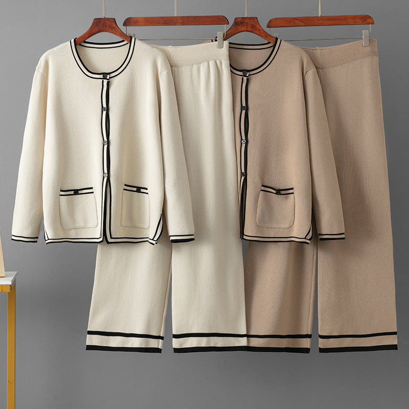 Round neck long sleeved cardigan pocket jacket straight leg pants two-piece set