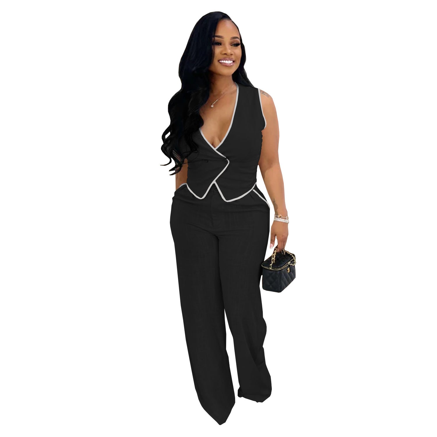 Women's V-neck Button Top and Long Pants Two-piece Set