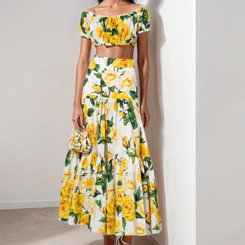 Off shoulder short strapless top+high waisted skirt two-piece fashionable set