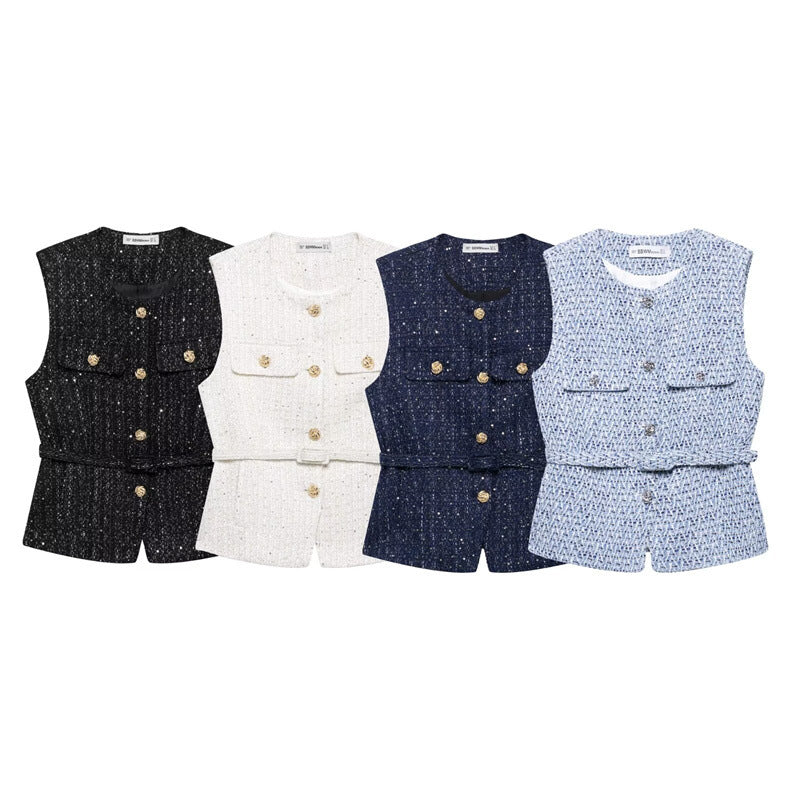 Fashionable Casual  Style Women's Vest with Belt Texture