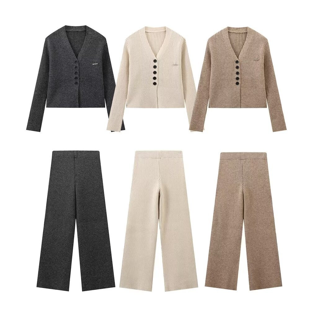 V-Neck Long Knit Cardigan and High-End Casual Trousers with Vertical Stripes Knit Set for Women