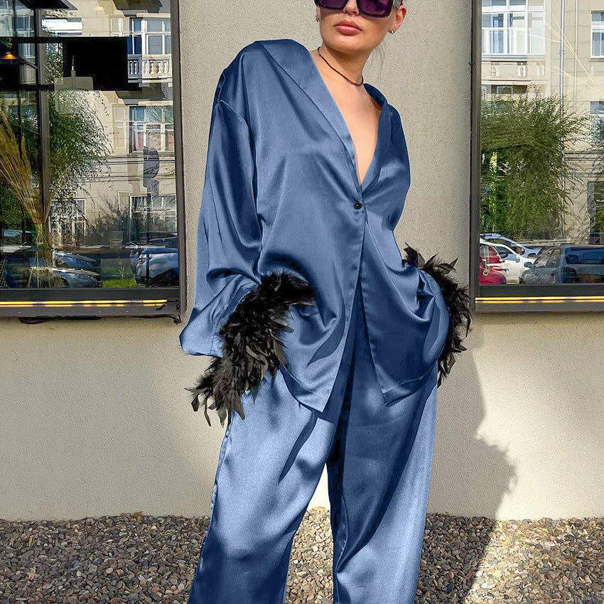 Loose sleepwear long sleeved feather cardigan long pants two-piece set