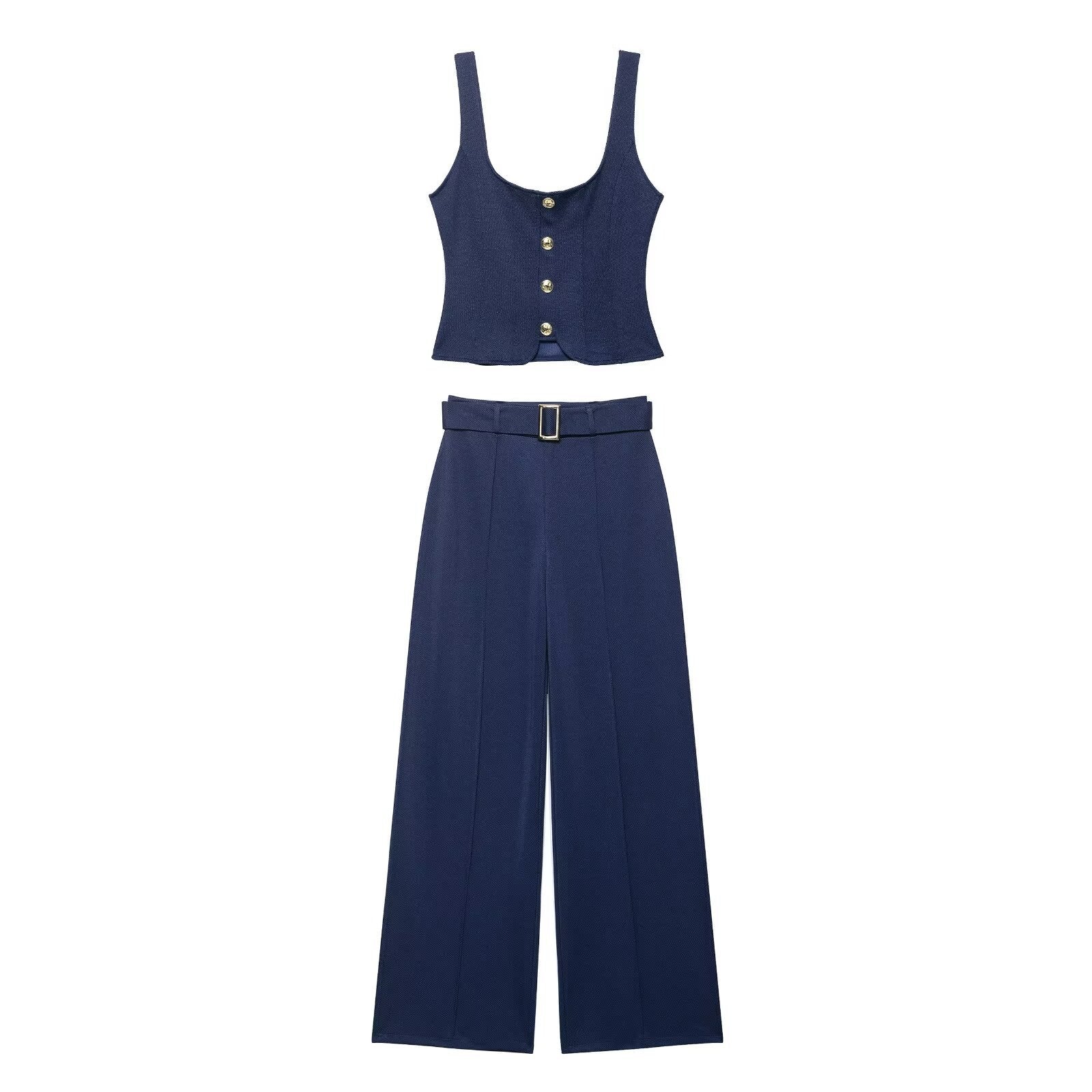Women's Fashion Button Decorated Twill Top + Waistband Twill Pants Set
