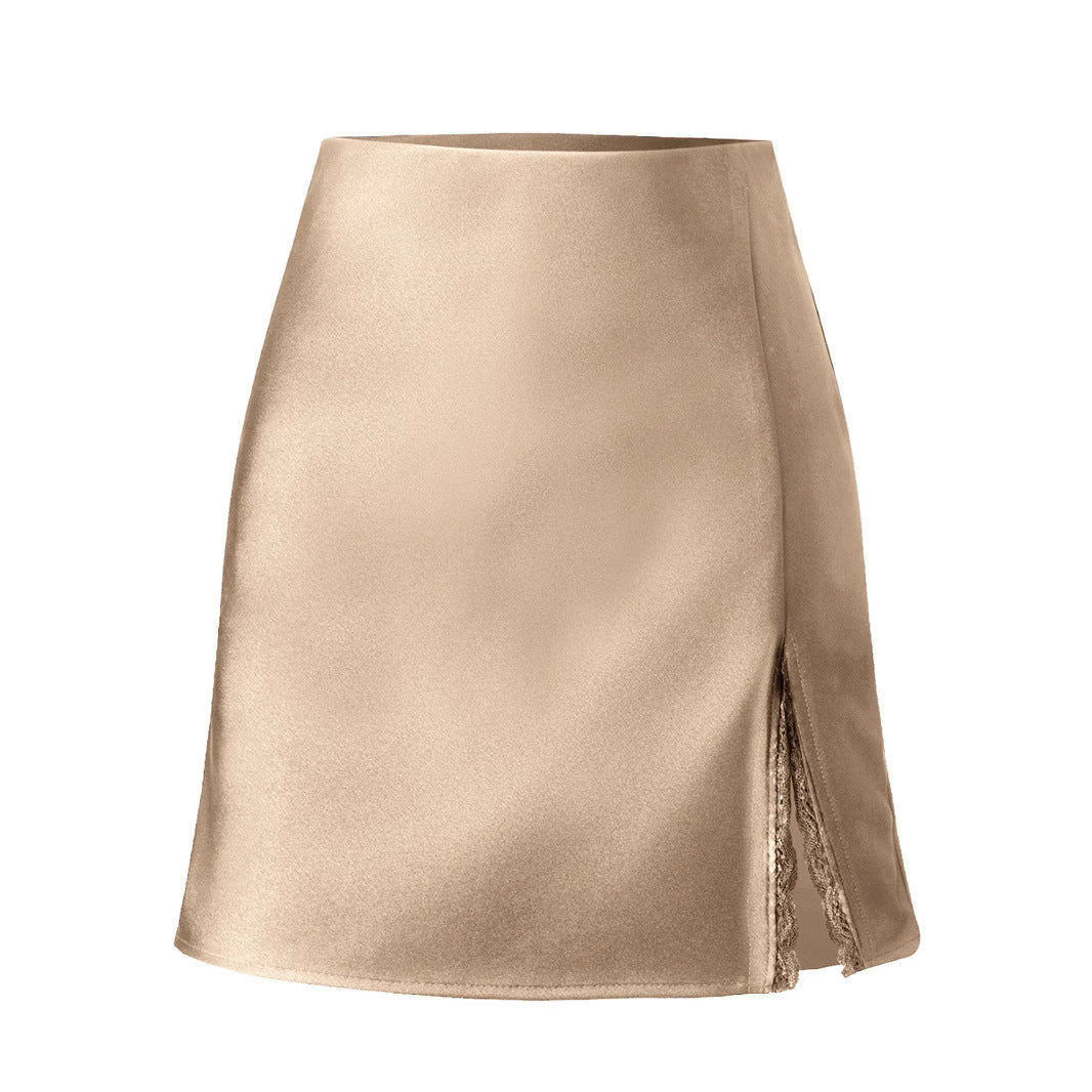 Lace slit high waisted elastic short skirt