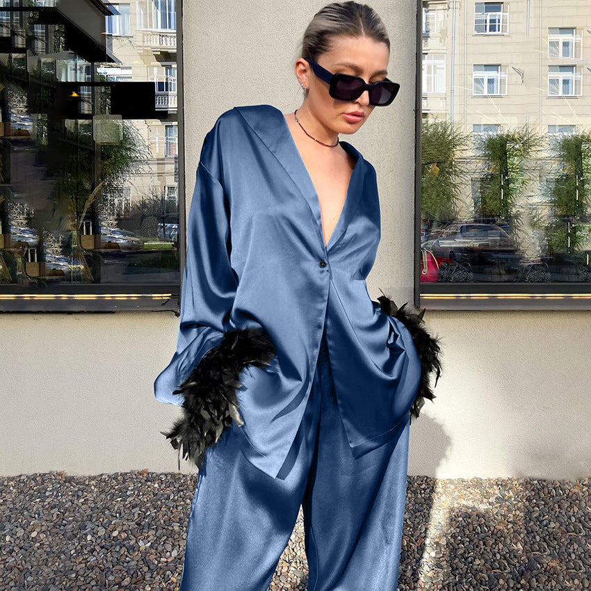 Loose sleepwear long sleeved feather cardigan long pants two-piece set