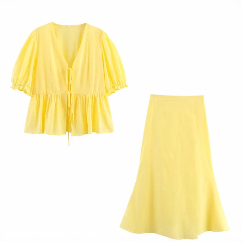 Women's Bubble Sleeve V-neck Tied Top and Skirt Set