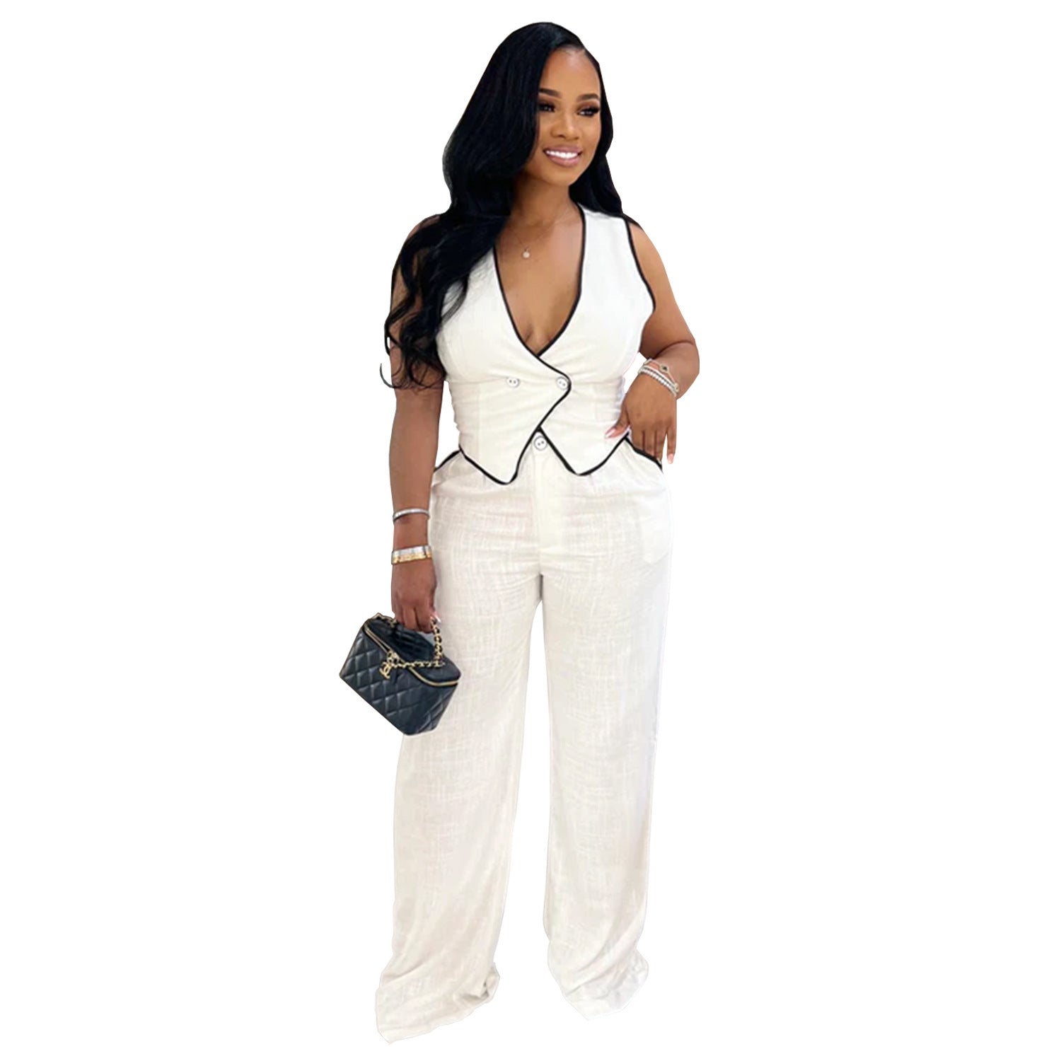Women's V-neck Button Top and Long Pants Two-piece Set